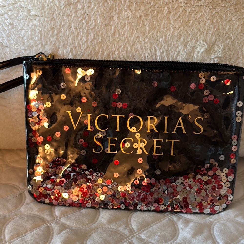 Victoria’s Secret Clear Sequin Pouch Makeup Bag Wristlet
